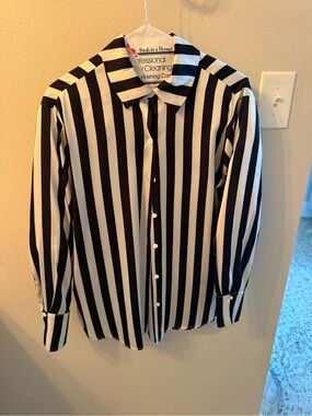 Black and White Vertical Stripe Button-Down Shirt - Women's